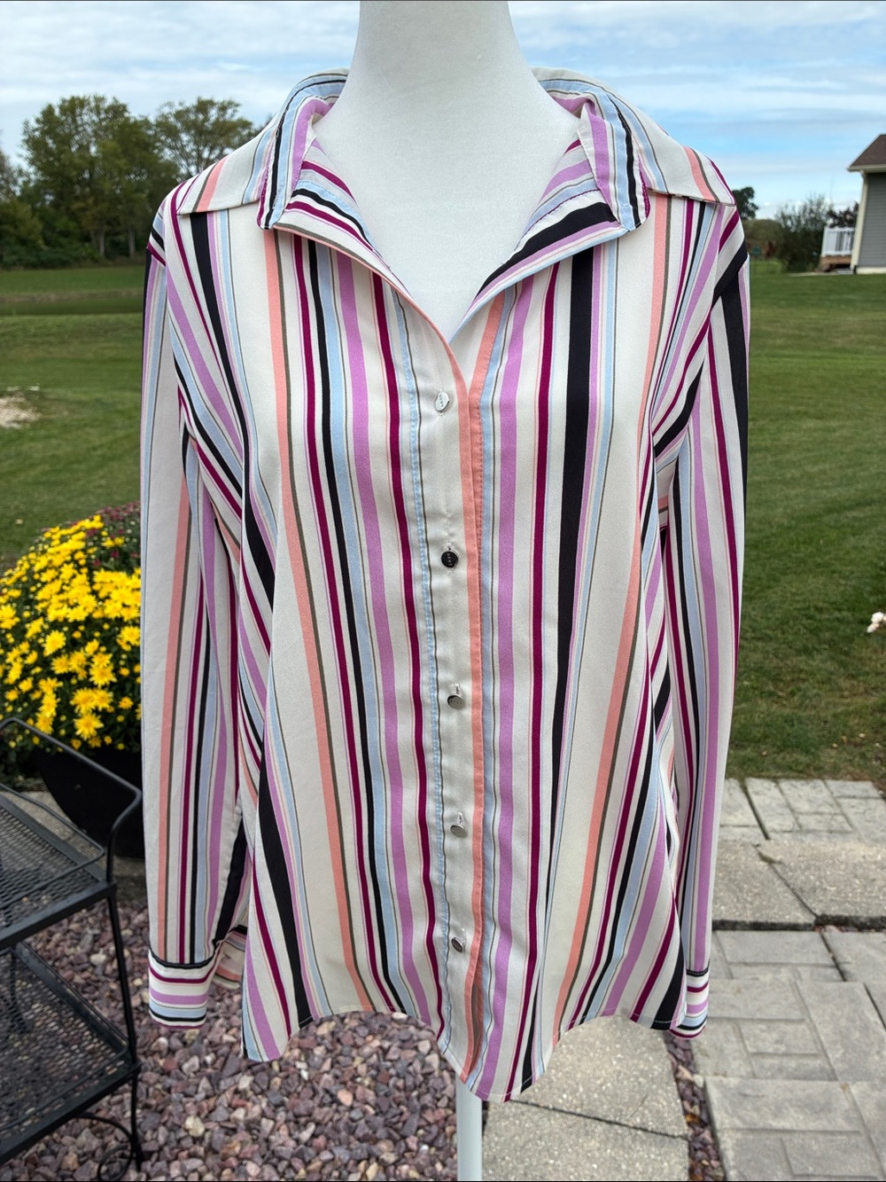 DKNY Striped Button-Up Blouse in Cream, Pink & Black